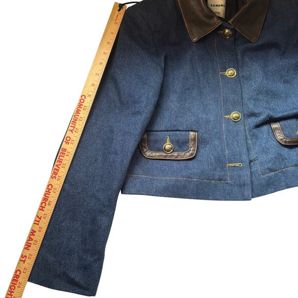 Sandro Denim Jacket with Leather Collar - Picture 12 of 16